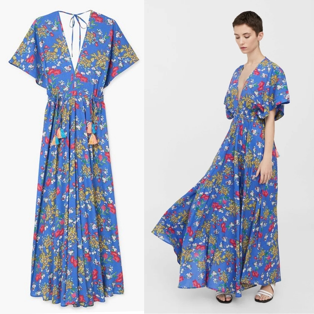 MANGO Blue Floral Print 100 Viscose Fit & Flare Dress, Elastic High Waist, M/L